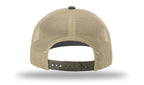 Back view of a Richardson 112 trucker hat featuring chocolate chip desert camouflage mesh and an adjustable khaki snapback closure.