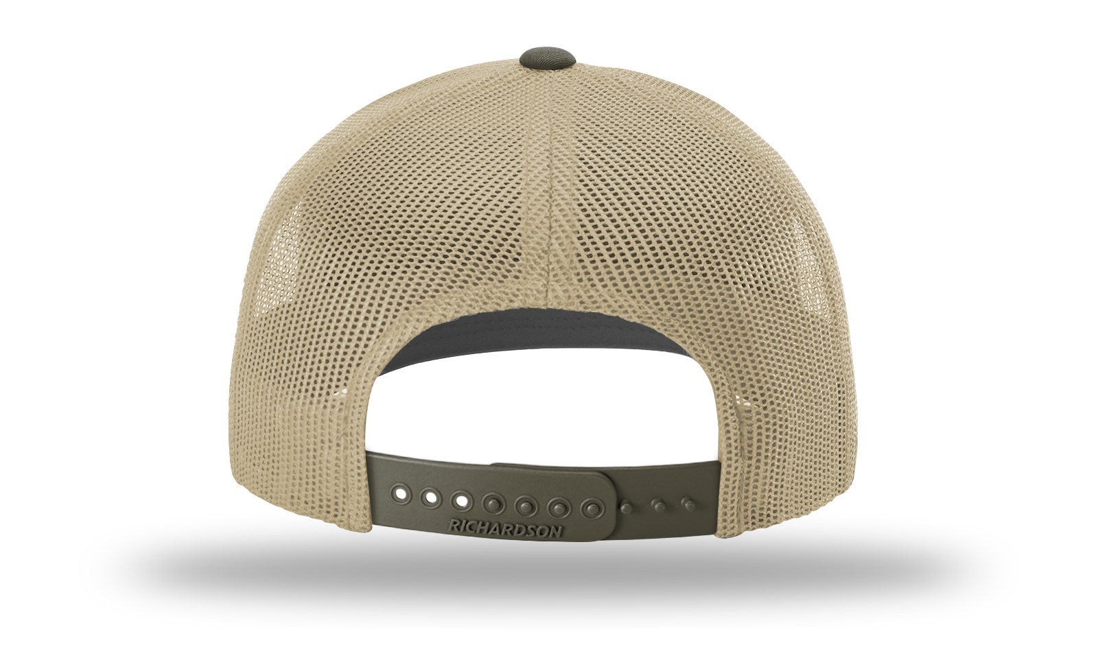 Back view of a Richardson 112 trucker hat featuring chocolate chip desert camouflage mesh and an adjustable khaki snapback closure.