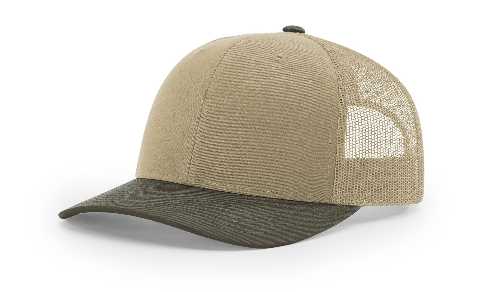 Angled three-quarter view of a Richardson 112 trucker hat with a solid khaki front and bill, paired with chocolate chip desert camo mesh side panels.