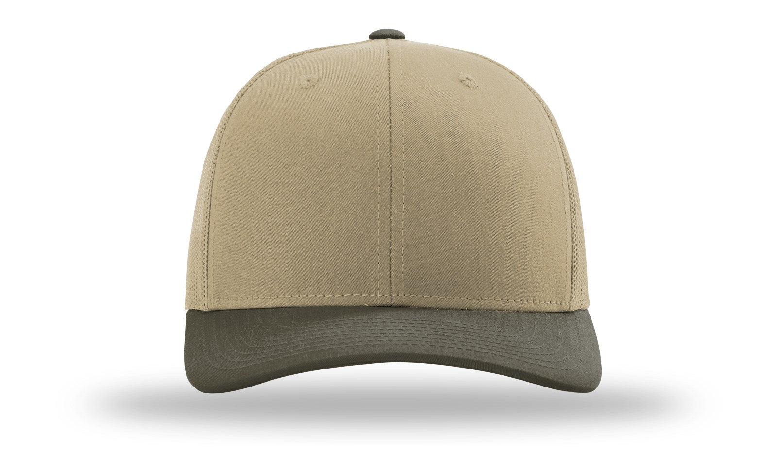 Front view of a blank Richardson 112 trucker hat in khaki with a structured crown and pre-curved visor.