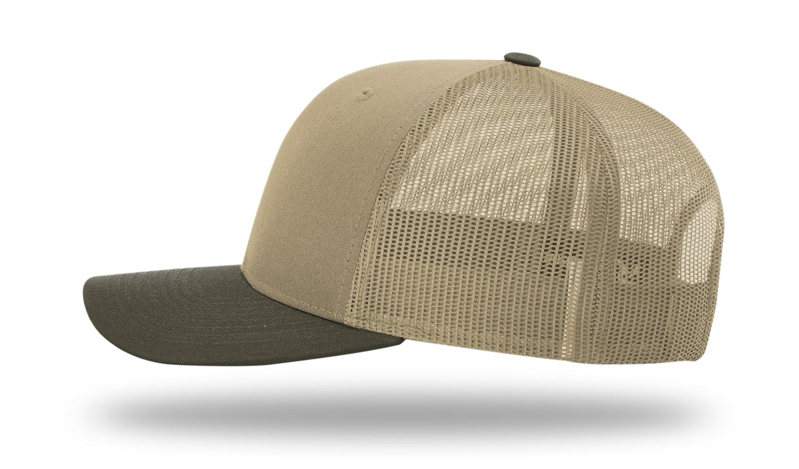 Left side profile of a khaki Richardson 112 trucker hat showing the transition from the solid khaki front to the chocolate chip camo mesh back.