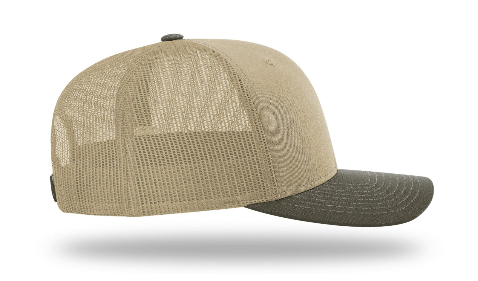 Right side profile of a Richardson 112 trucker hat with a khaki crown and bill and chocolate chip desert camo mesh panels.