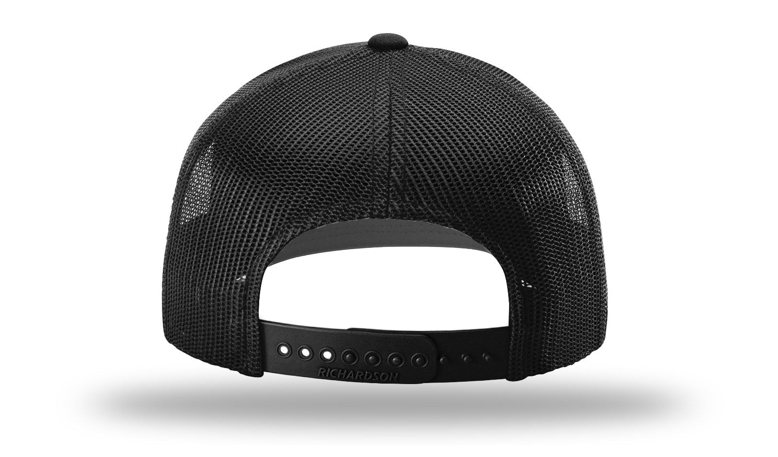 Back view of a solid black Richardson 112 trucker hat showing the black breathable mesh and matching black adjustable snapback closure.
