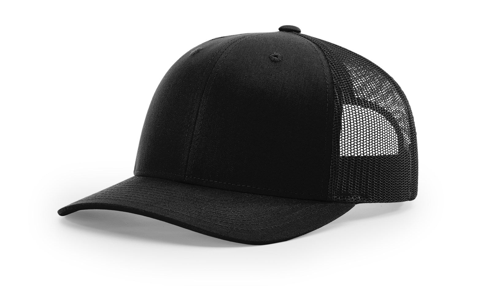 Angled view of a solid black Richardson 112 trucker hat featuring a structured black front, matching bill, and black mesh back.