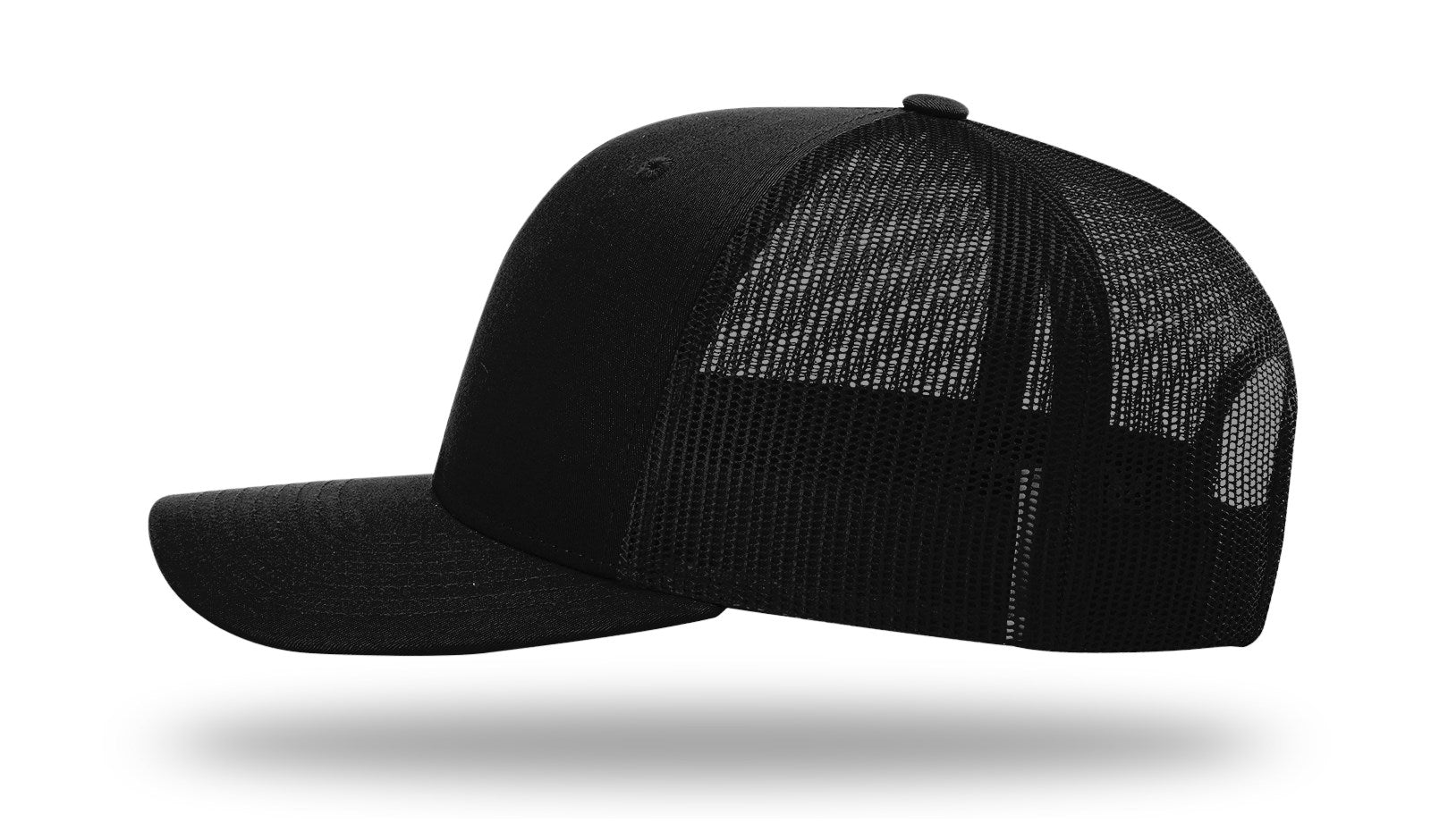 Left side profile of an all-black Richardson 112 trucker hat highlighting the mid-profile shape and mesh ventilation.