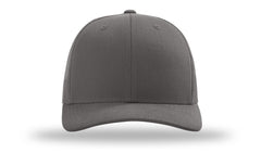Front view of a solid charcoal Richardson 112 trucker hat, showing a structured six-panel design with a matching charcoal cotton-twill front.