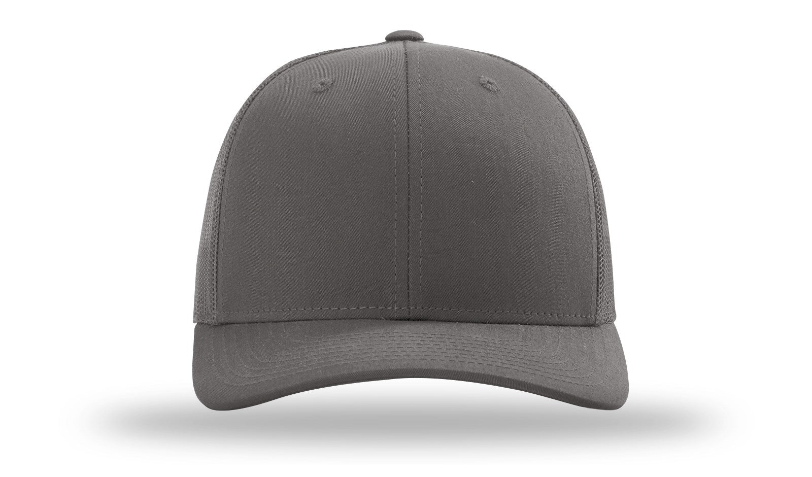 Front view of a solid charcoal Richardson 112 trucker hat, showing a structured six-panel design with a matching charcoal cotton-twill front.