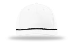 Front view of a white Richardson 258 five-panel classic rope hat with a structured mid-profile crown, a pre-curved visor, and a solid black braided rope accent.