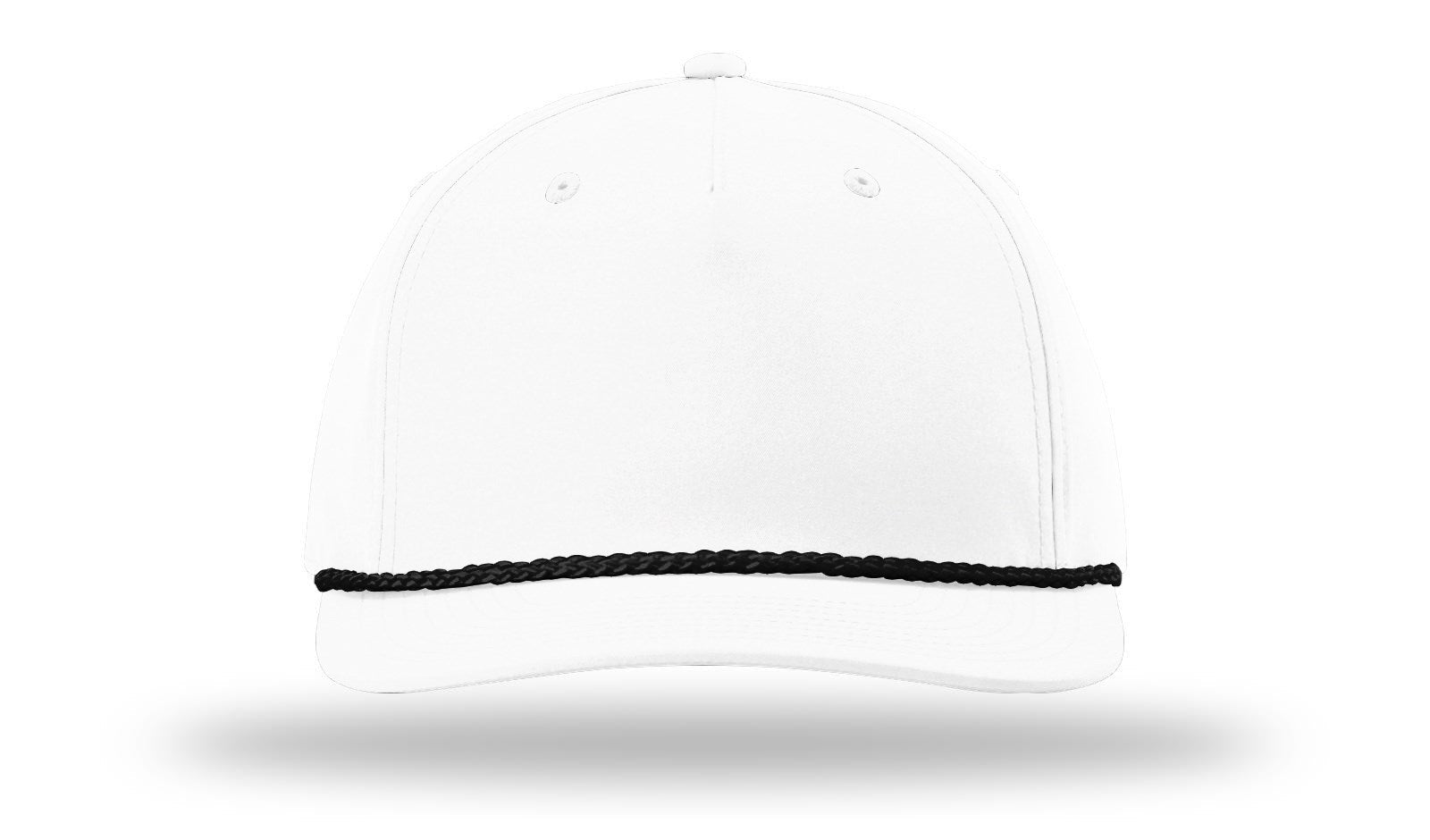 Front view of a white Richardson 258 five-panel classic rope hat with a structured mid-profile crown, a pre-curved visor, and a solid black braided rope accent.