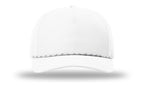 Front view of a white Richardson 355 performance rope cap, featuring a 5-panel structured crown, laser-perforated side panels for ventilation, and a black speckled paracord rope across the base of the pre-curved visor.