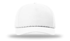 Front view of a white Richardson 355 performance rope cap, featuring a 5-panel structured crown, laser-perforated side panels for ventilation, and a black speckled paracord rope across the base of the pre-curved visor.