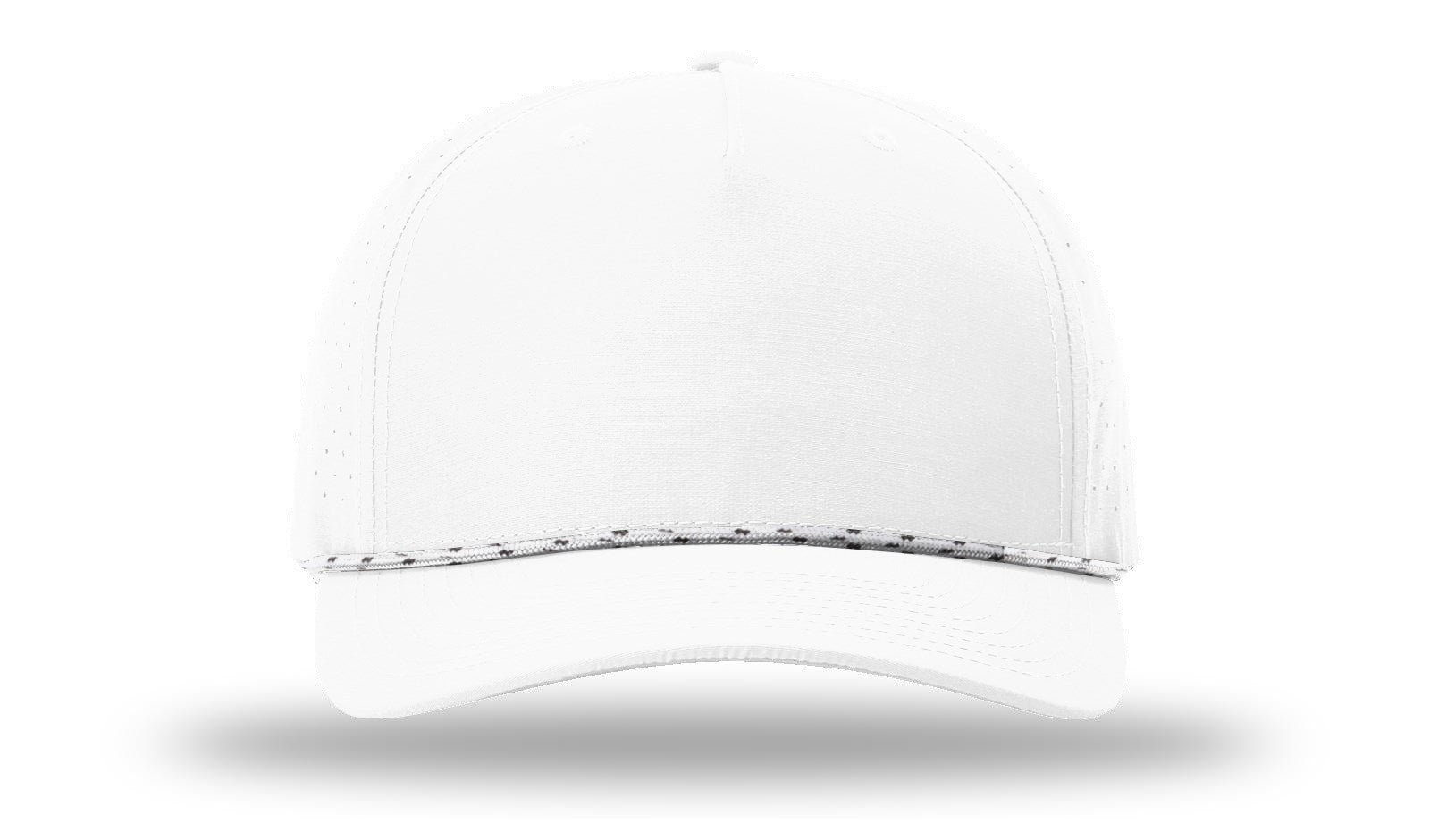 Front view of a white Richardson 355 performance rope cap, featuring a 5-panel structured crown, laser-perforated side panels for ventilation, and a black speckled paracord rope across the base of the pre-curved visor.